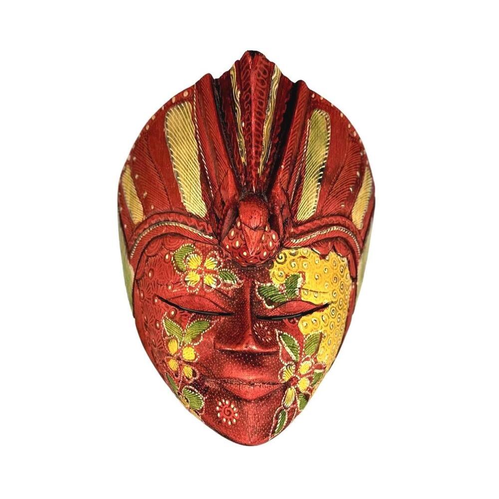 Vintage Indonesian Batik 9 in Carved Wood Mask Wall Hanging Hand Painted Decor